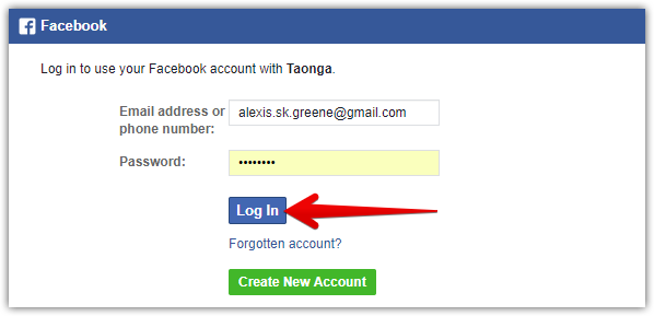 TaongaゲームをプレイするためにFacebookプロファイルにログインする